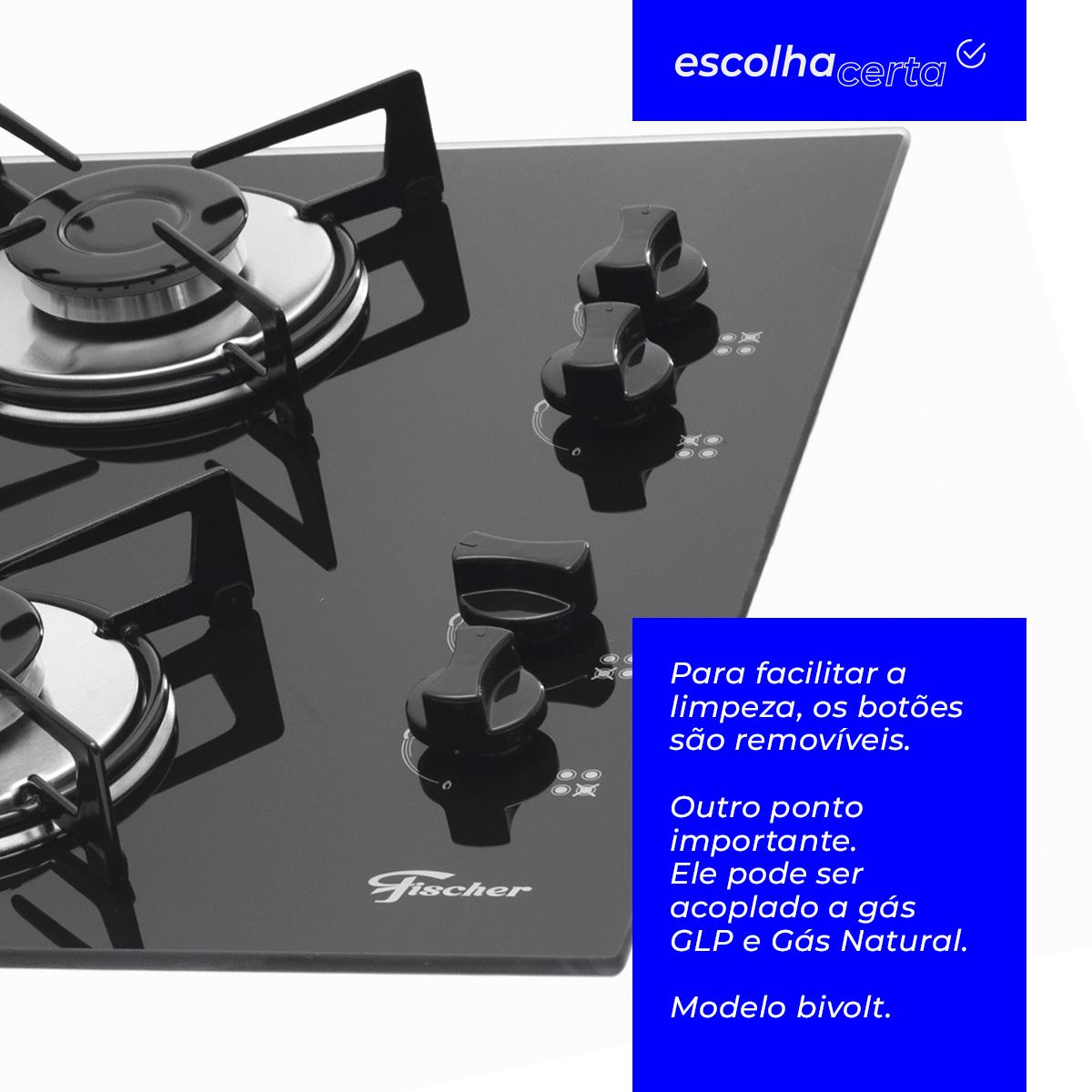Fogão Cooktop à Gás Fischer - 4 Bocas - Mesa em Vidro Temperado - Image 4