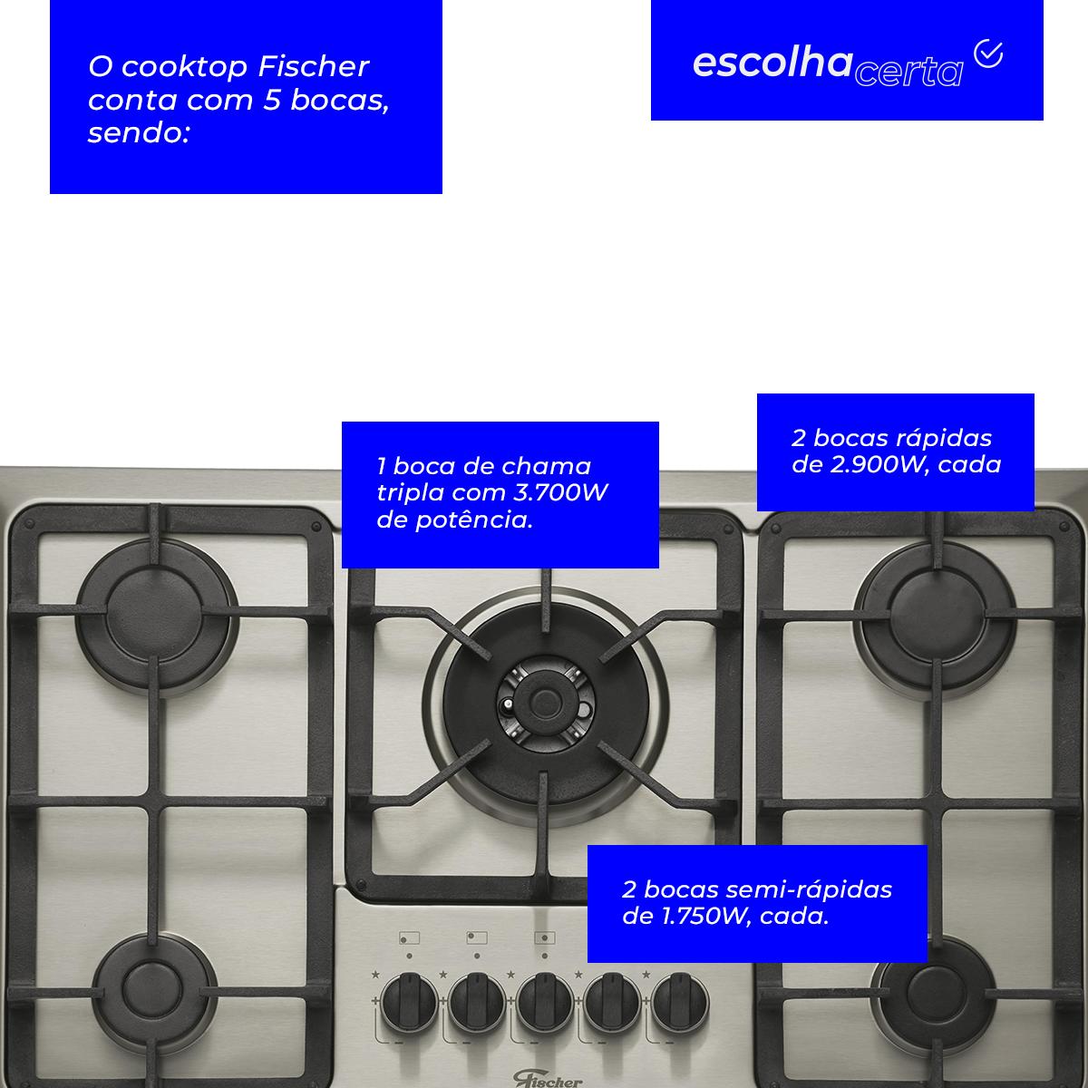 Fogão Cooktop à Gás Fischer - 5 Bocas - Linha Infinity - Tripla Chama - Mesa Inox - Image 3