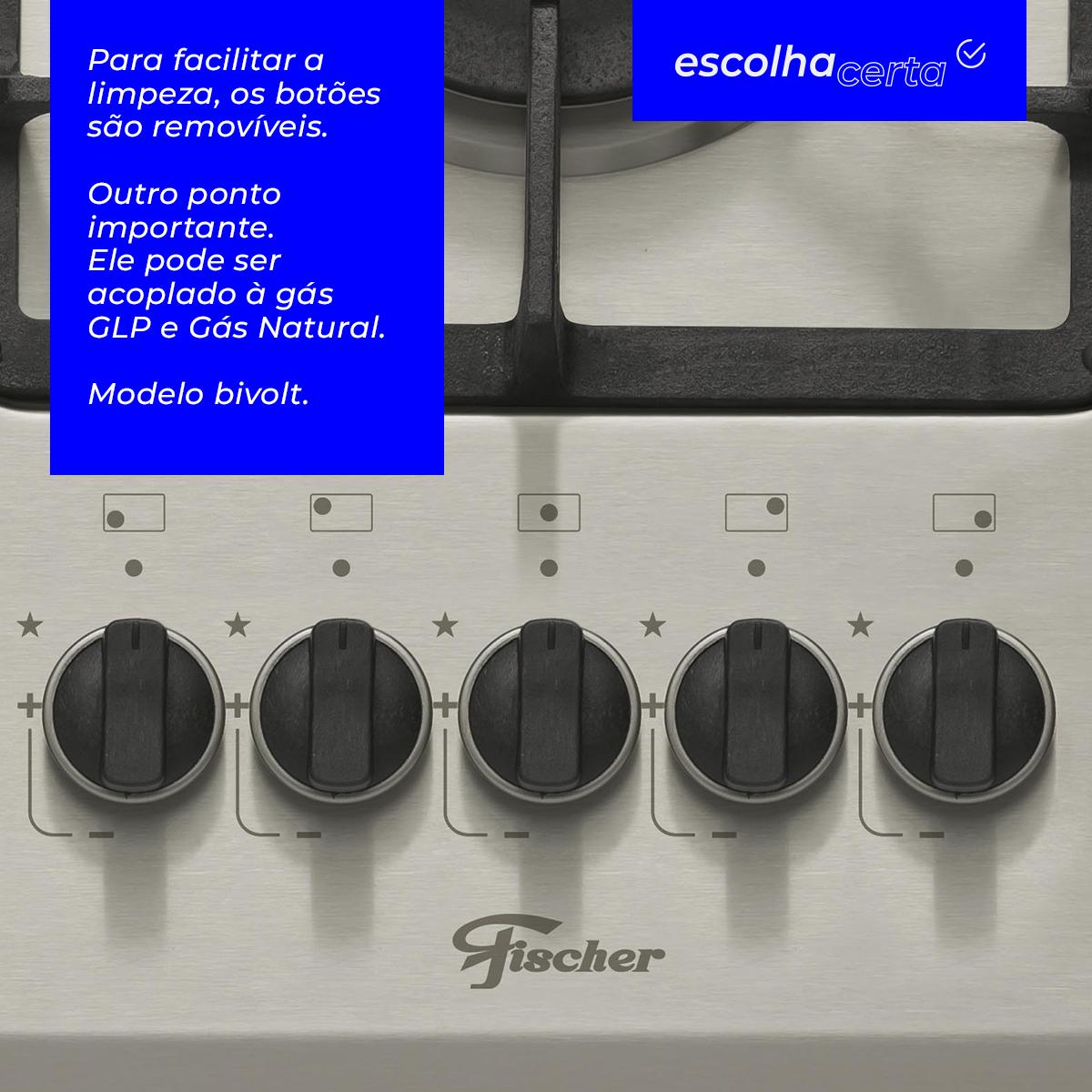 Fogão Cooktop à Gás Fischer - 5 Bocas - Linha Infinity - Tripla Chama - Mesa Inox - Image 4