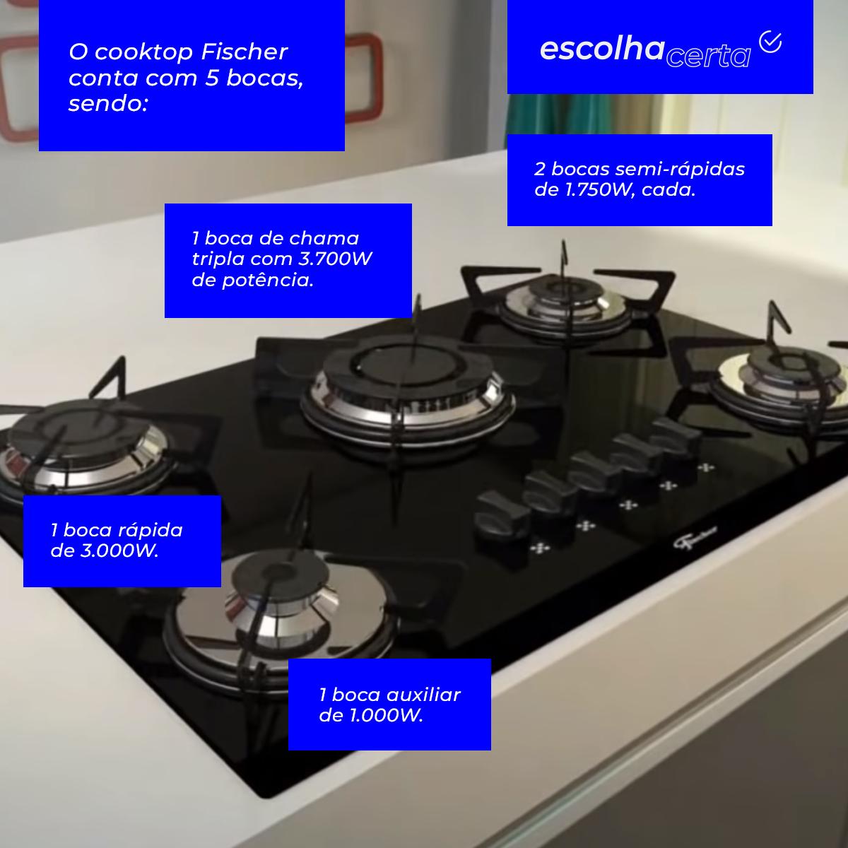 Fogão Cooktop à Gás Fischer - 5 Bocas - TC e Mesa em Vidro Temperado - Image 3