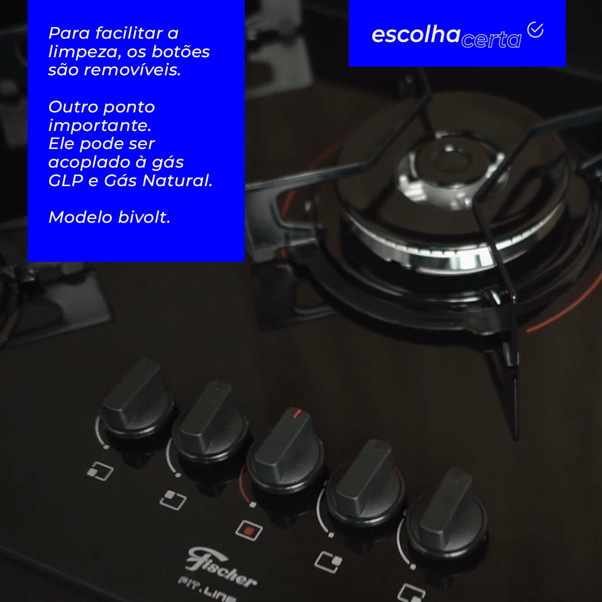 Fogão Cooktop à Gás Fischer – 5 Bocas – Fit Line - Tripla Chama e Mesa de Vidro - Image 4