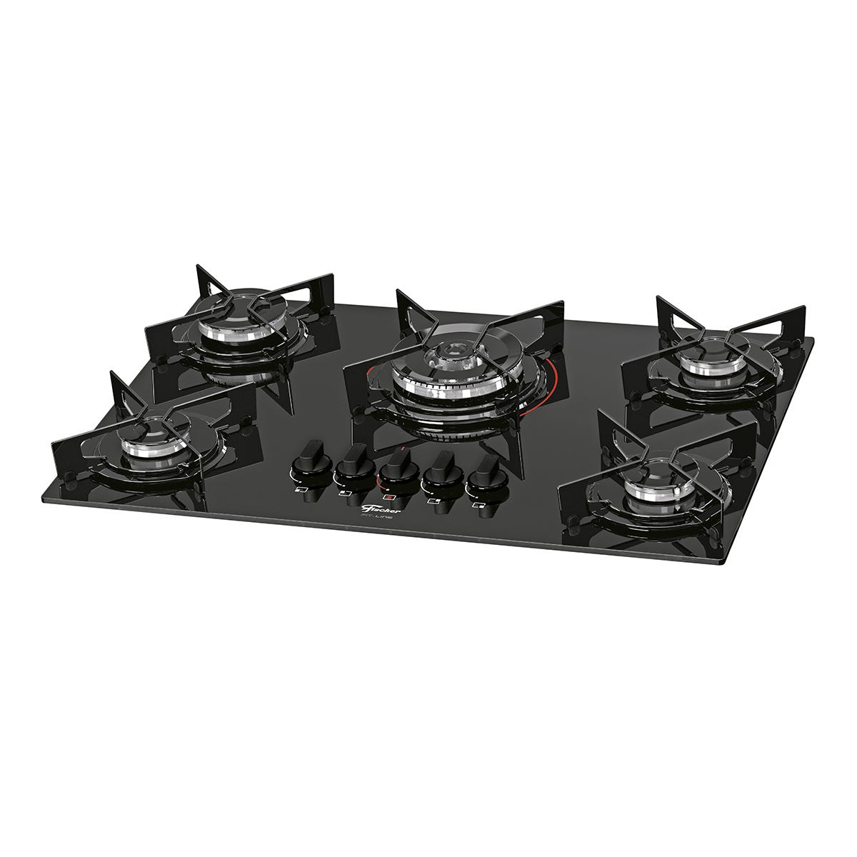 Fogão Cooktop à Gás Fischer – 5 Bocas – Fit Line - Tripla Chama e Mesa de Vidro